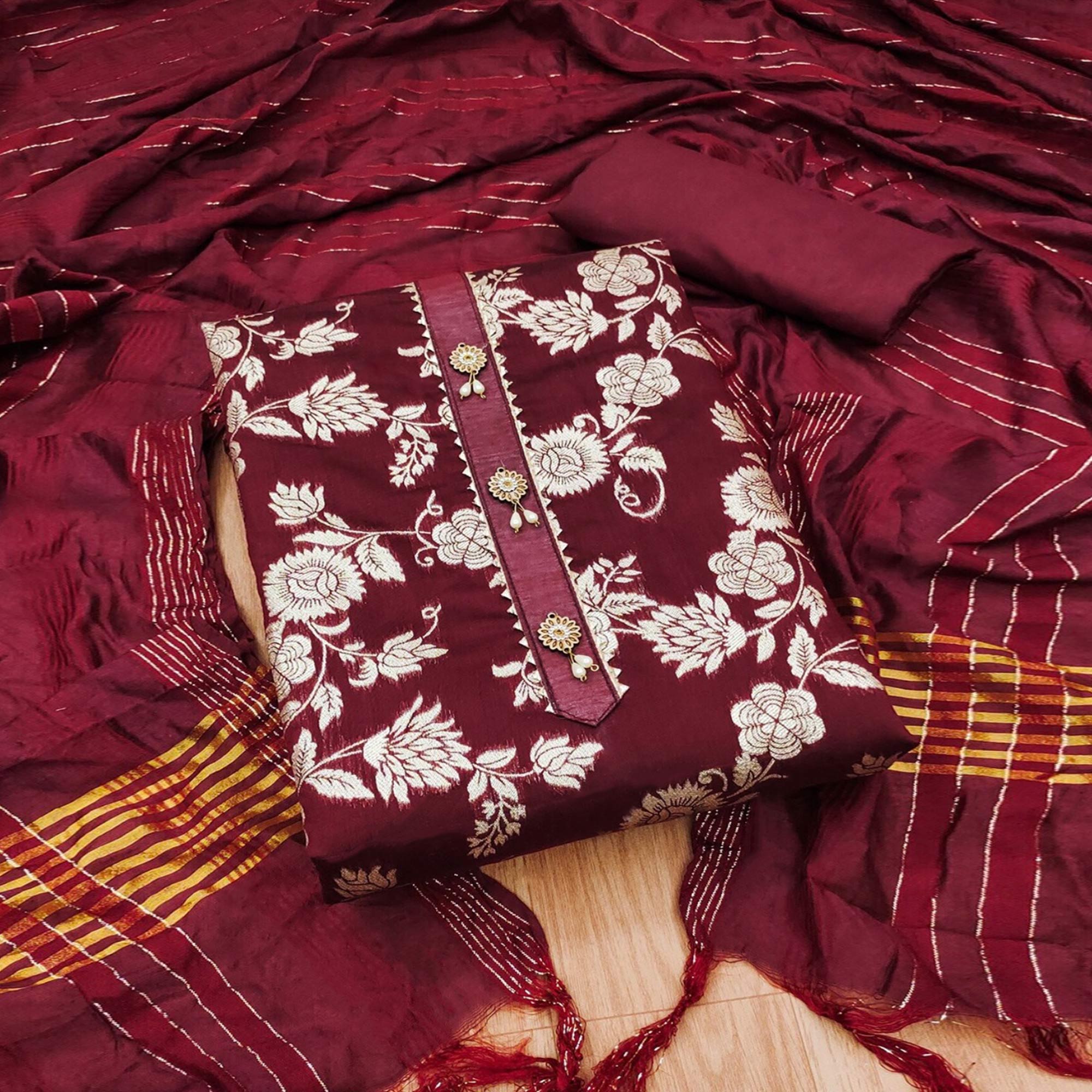 Maroon Floral Woven Modal Dress Material