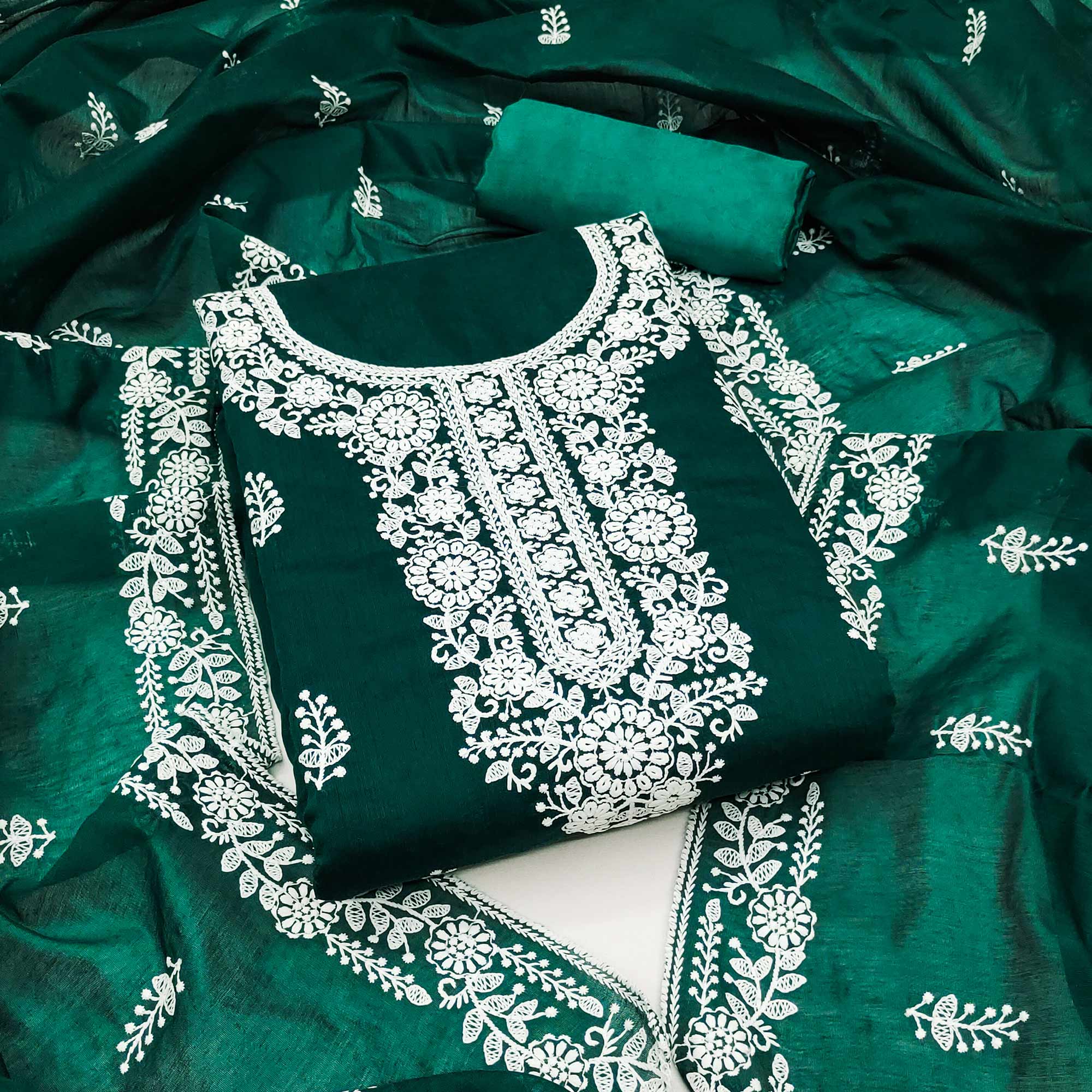 Green Floral Embroidered Modal Dress Material