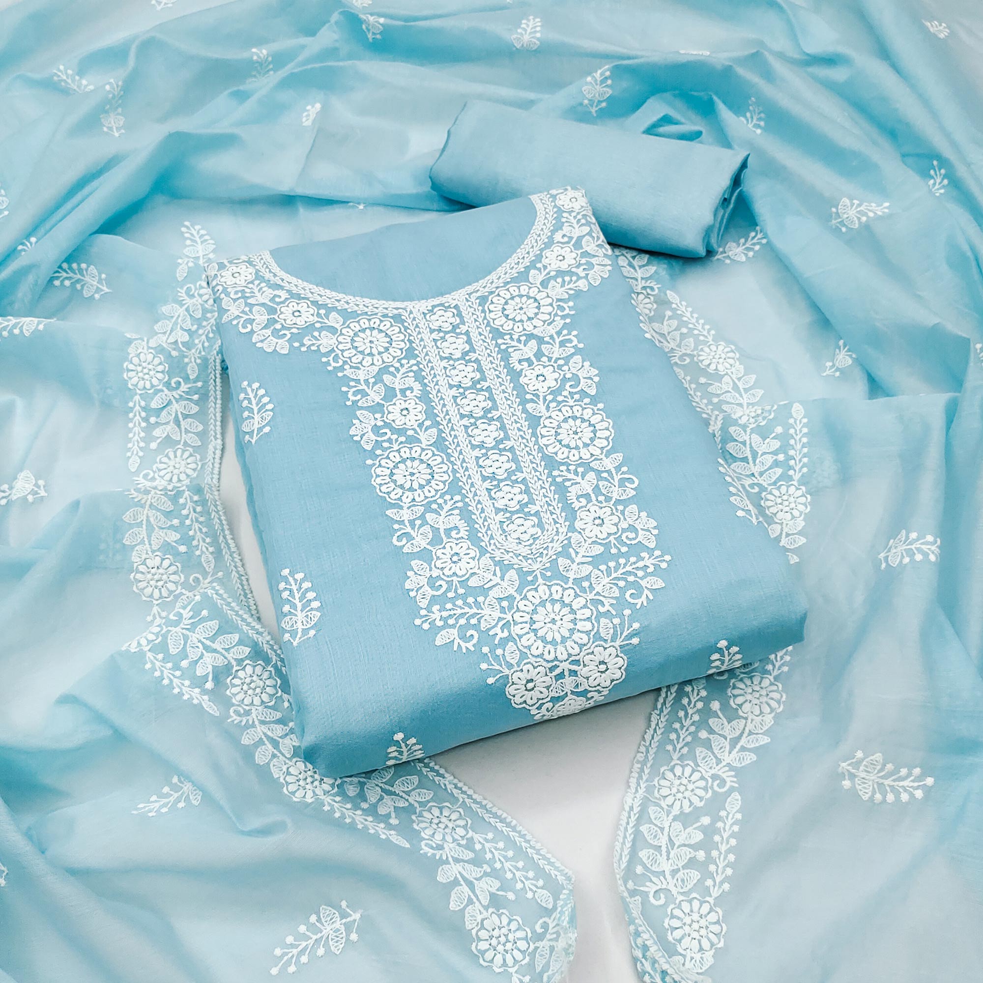 Sky Blue Floral Embroidered Modal Dress Material