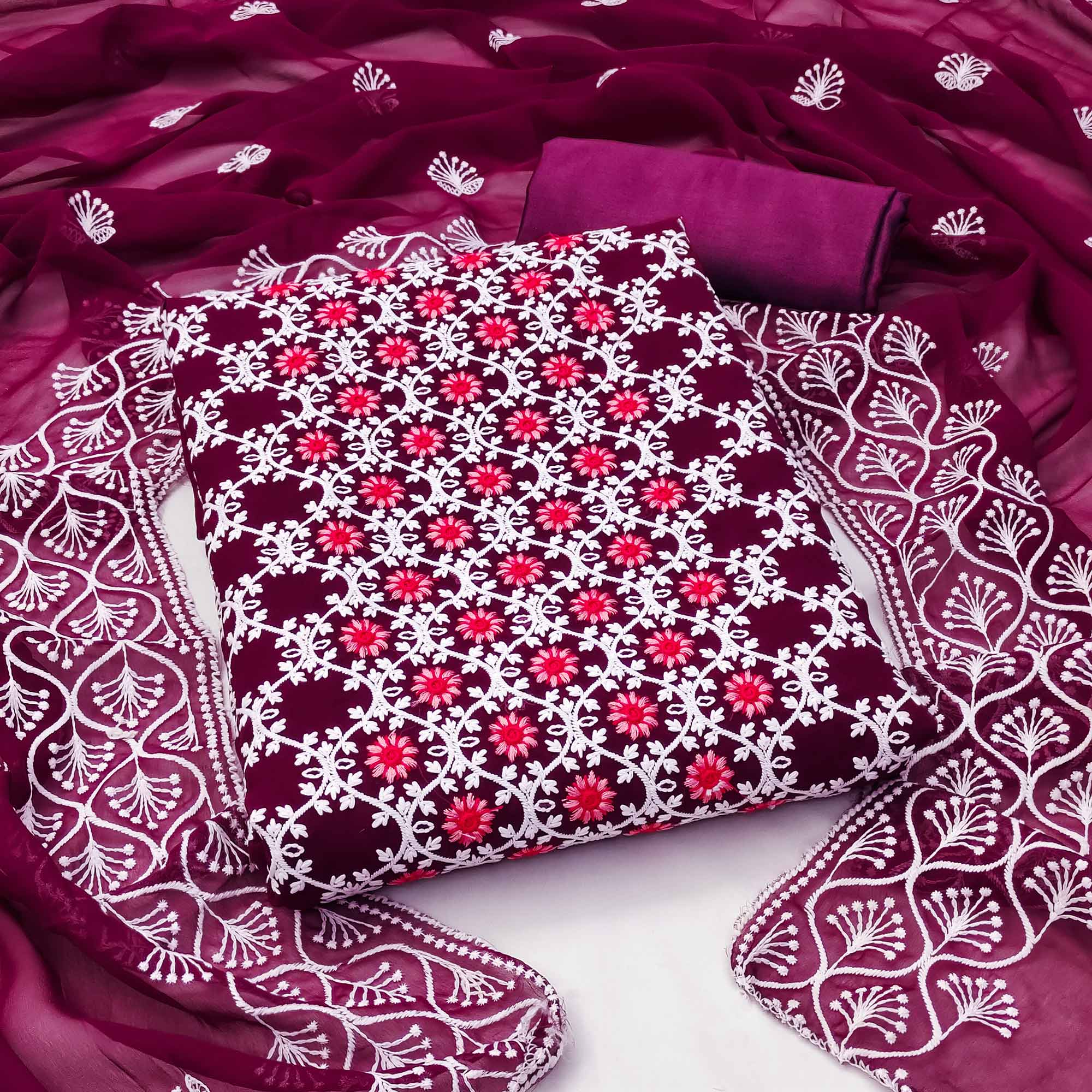 Wine Embroidered Georgette Dress Material