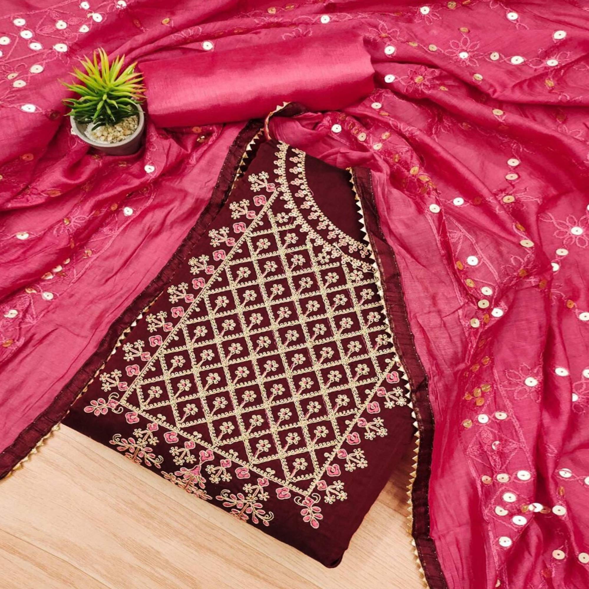 Maroon Floral Embroidered Modal Dress Material