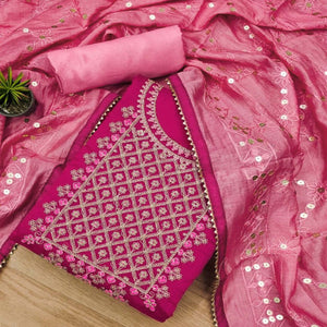 Pink Floral Embroidered Modal Dress Material