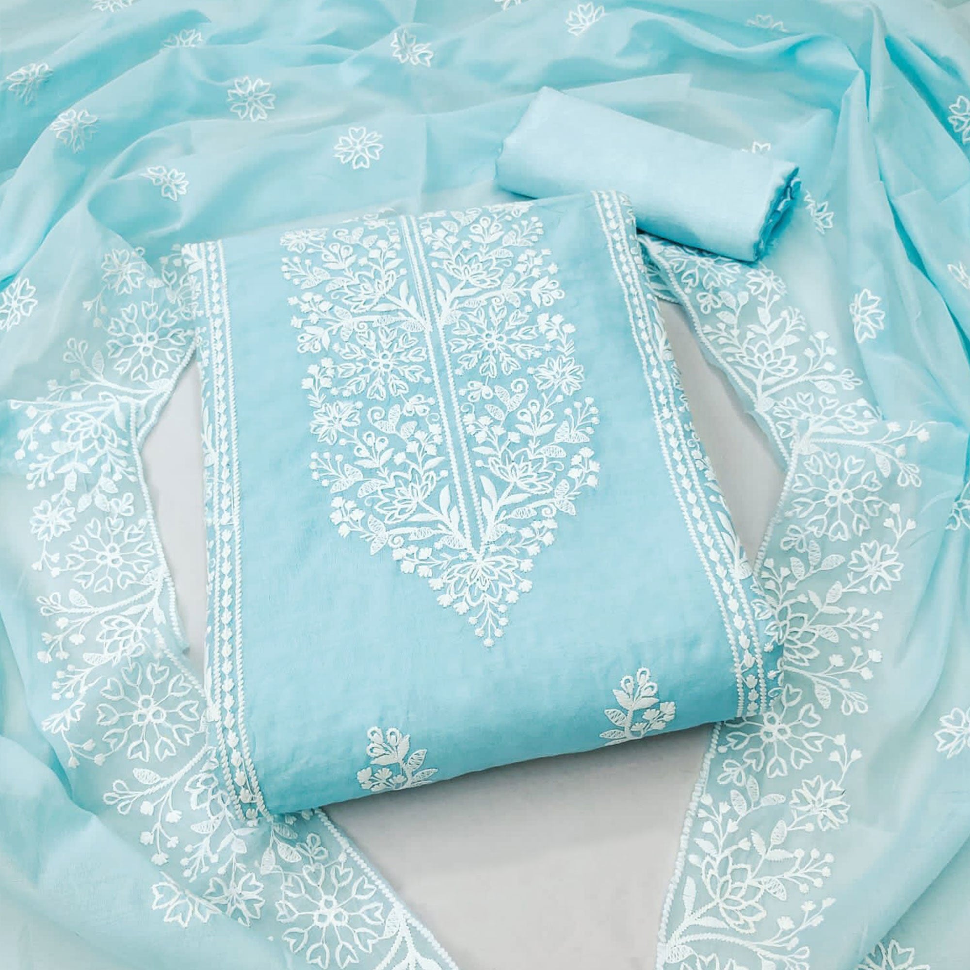 Sky Blue Floral Embroidered Modal Dress Material