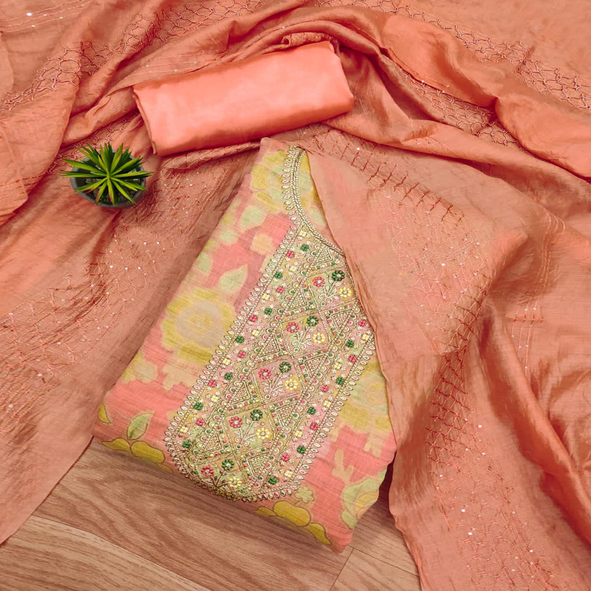 Peach Floral Embroidered Modal Dress Material