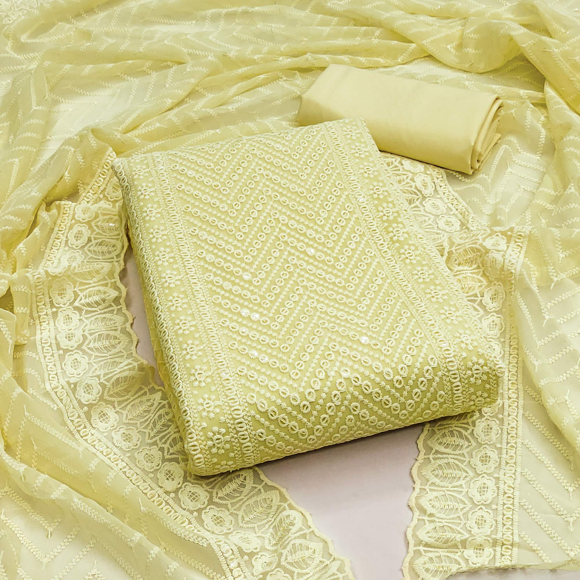 Yellow Sequins Embroidered Georgette Dress Material