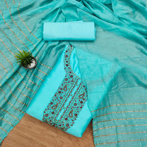 Blue Embroidered Cotton Blend Dress Material
