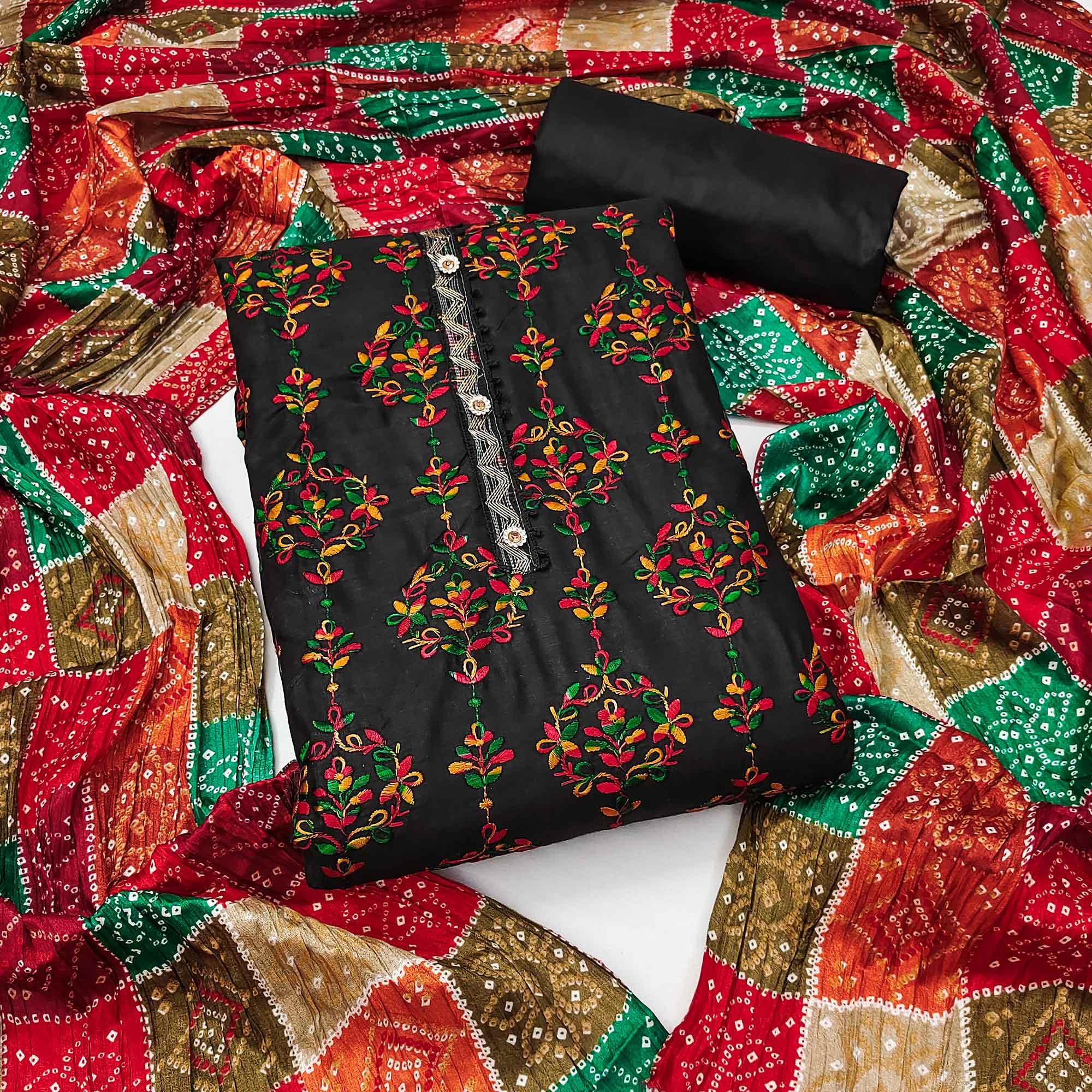 Black Floral Embroidered Cotton Blend Dress Material