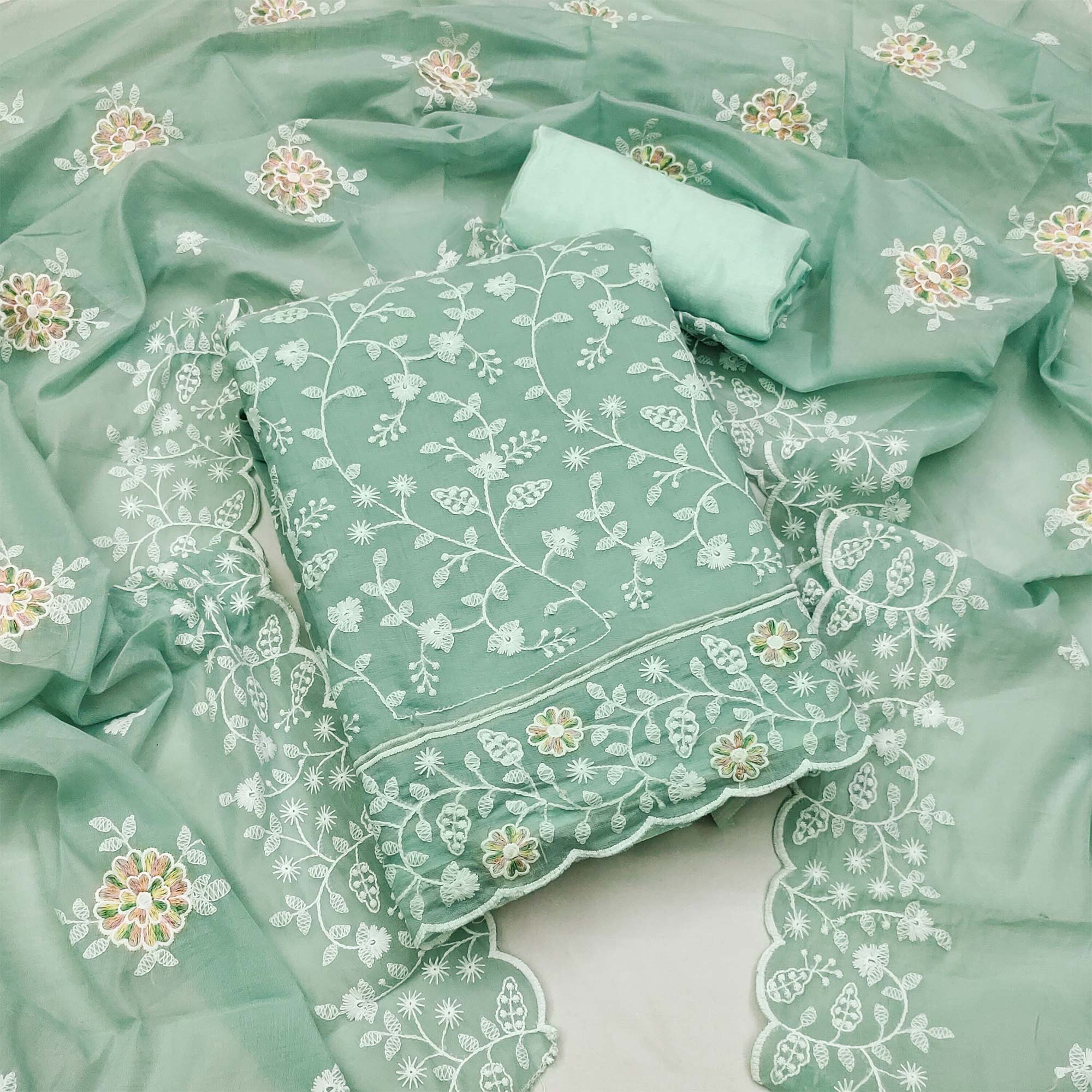 Sea Green Floral Embroidered Chanderi Dress Material