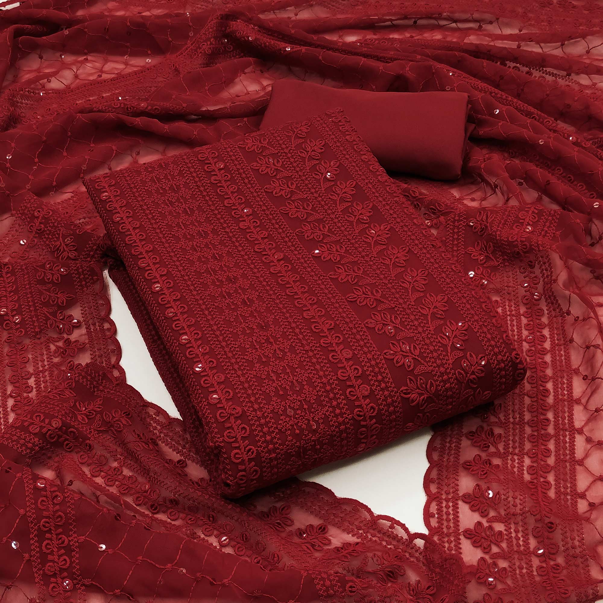 Maroon Lucknowi Embroidered Georgette Dress Material