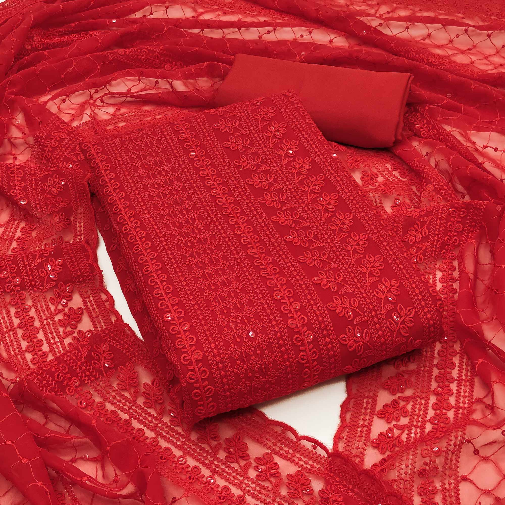 Red Lucknowi Embroidered Georgette Dress Material