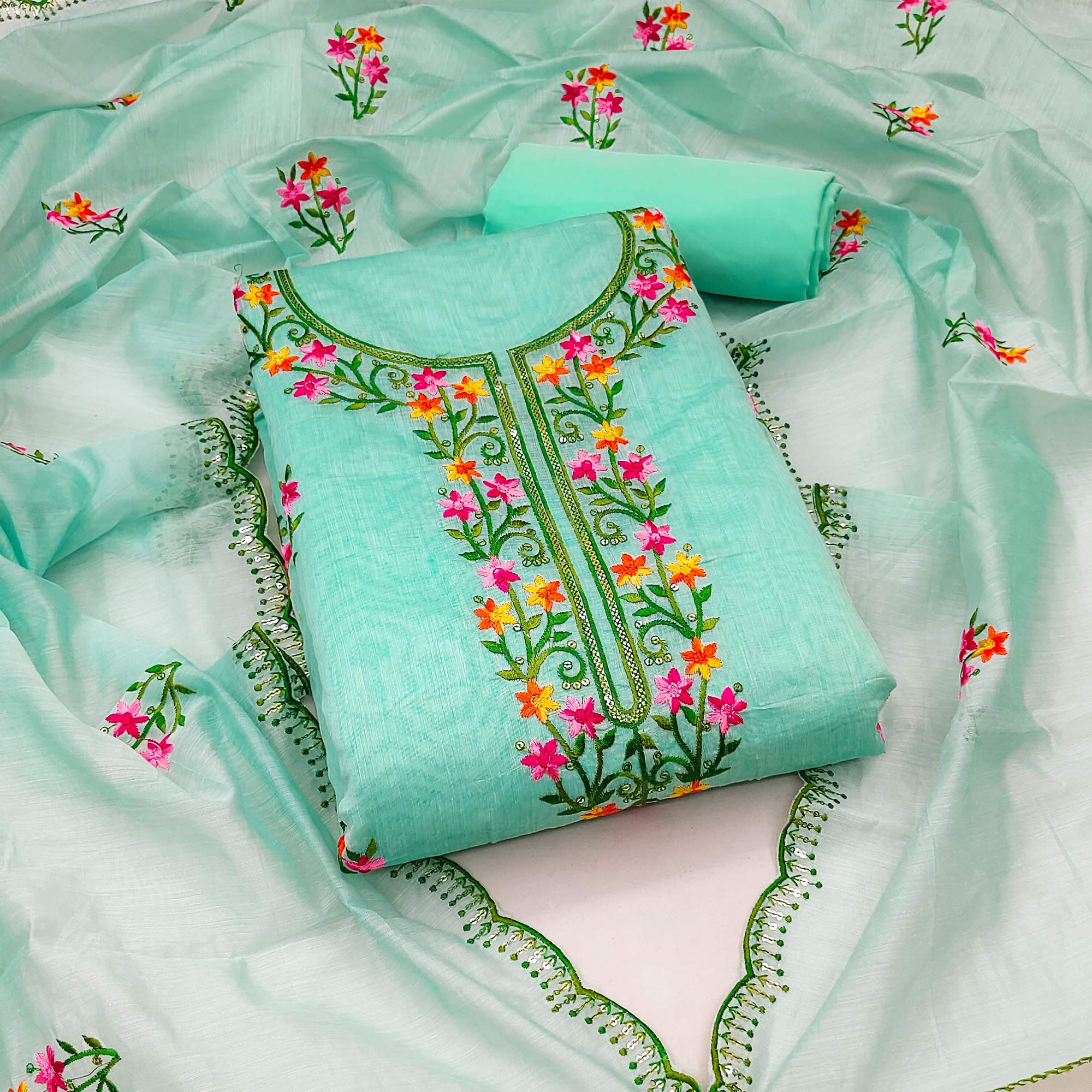 Turquoise Floral Embroidered Chanderi Dress Material