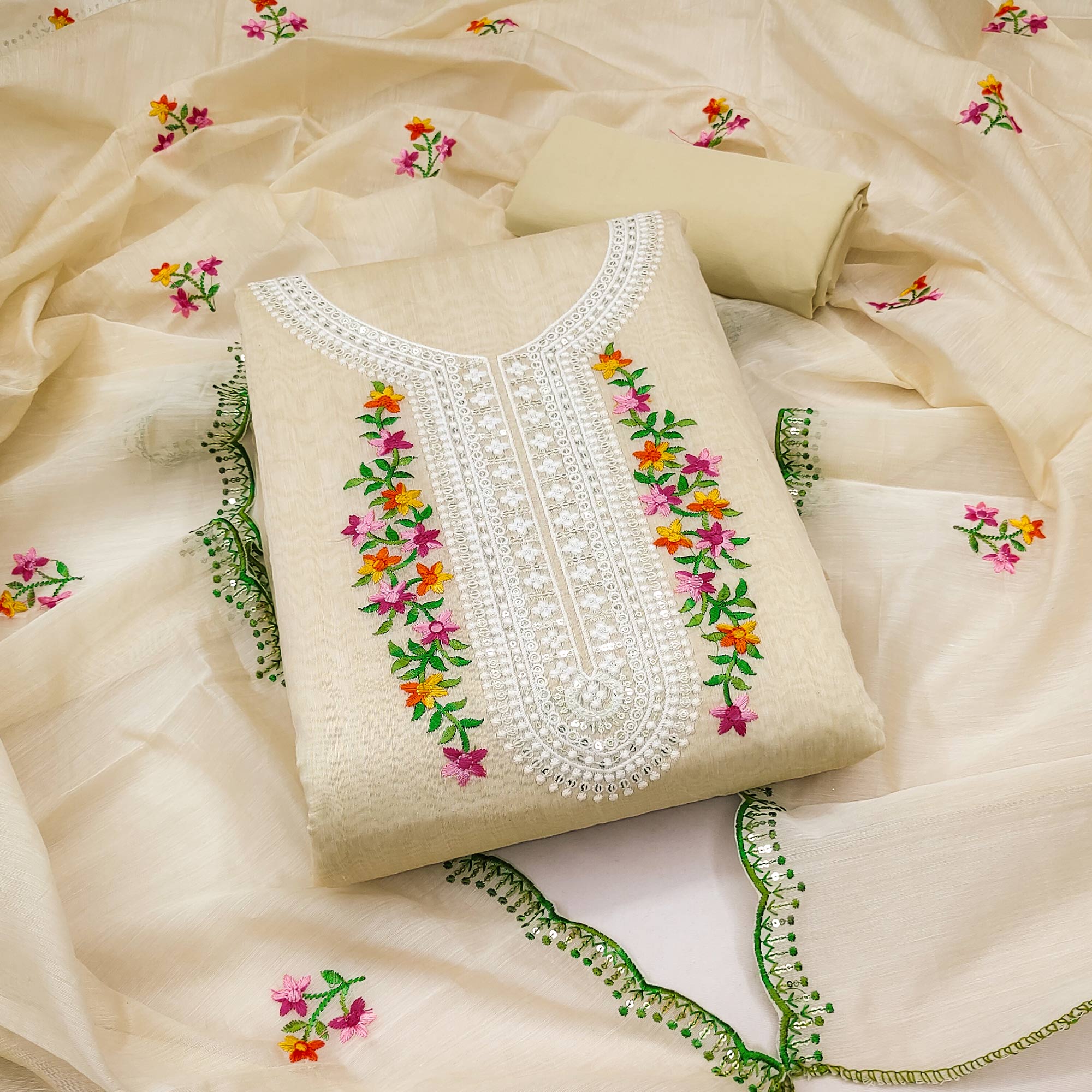 Cream Floral Embroidered Chanderi Dress Material