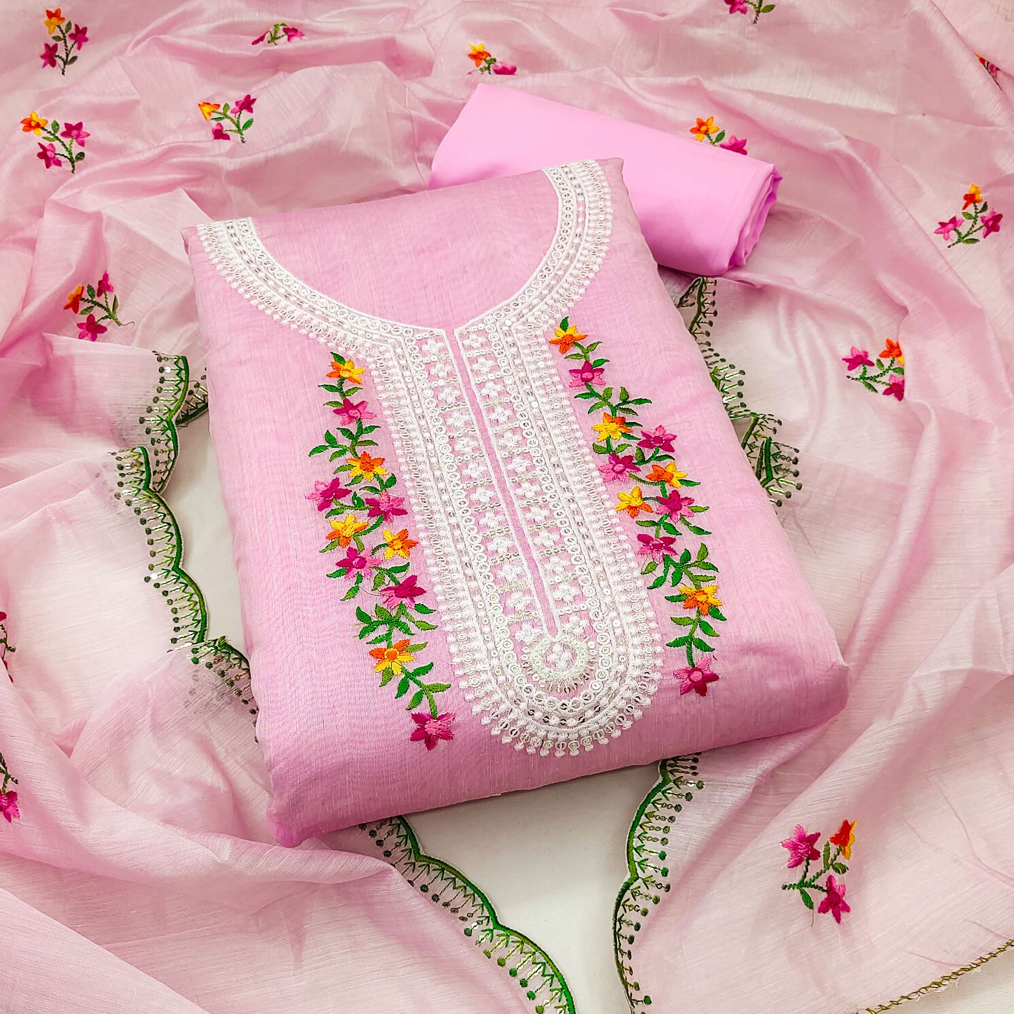 Pink Floral Embroidered Chanderi Dress Material