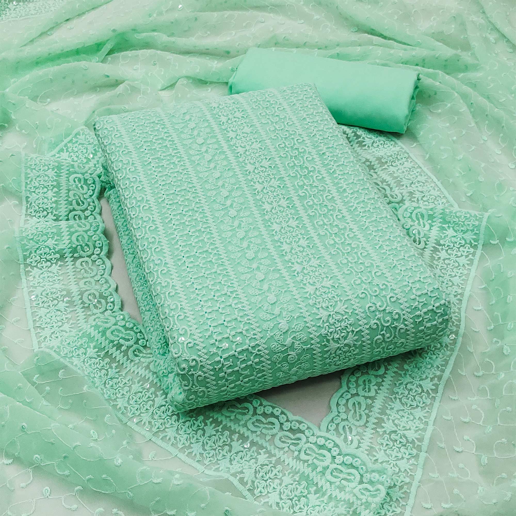 Sea Green Embroidered Georgette Dress Material