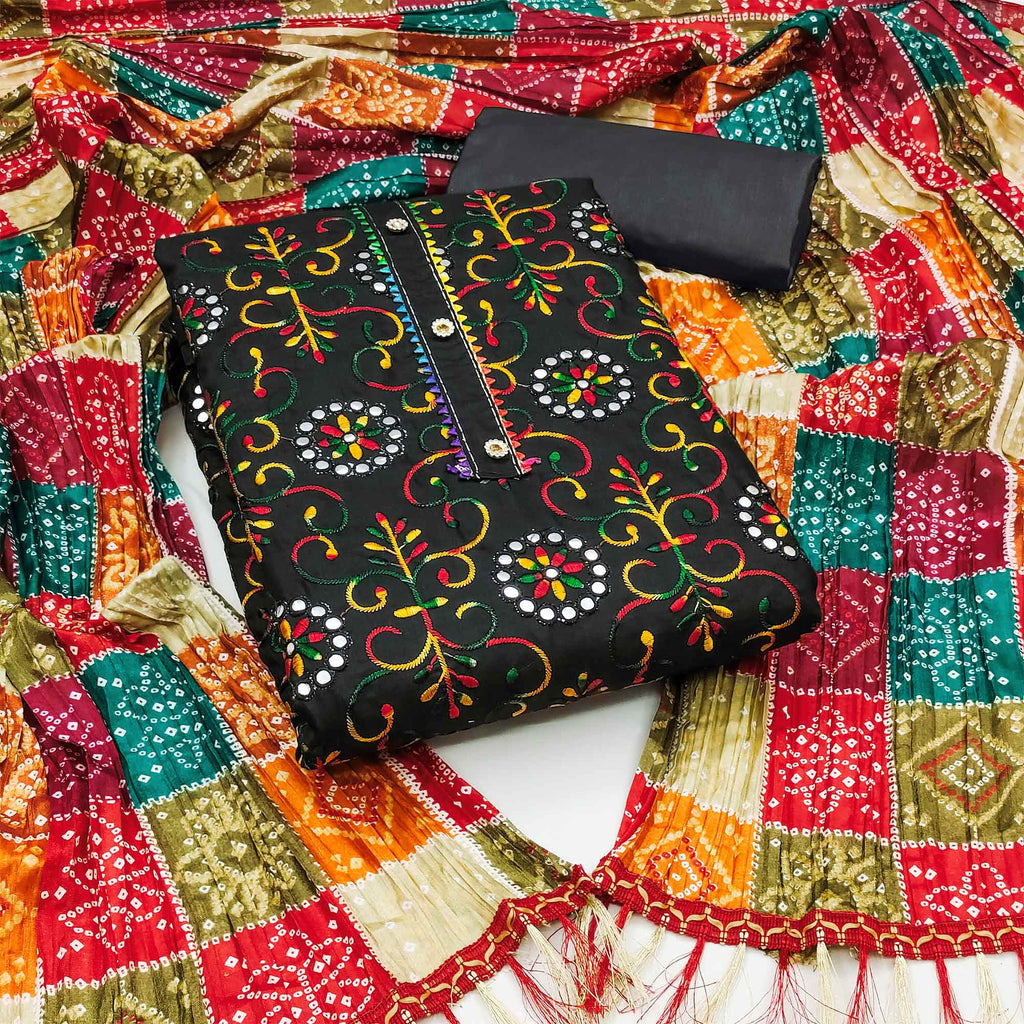 Black Floral Printed Cotton Dress Material With Dupatta main image 1