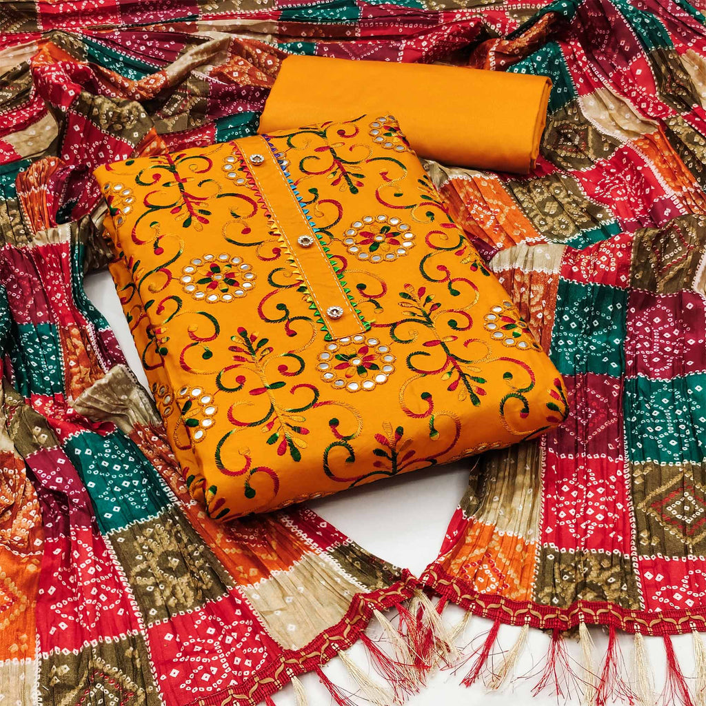 Mustard Embroidered Silk Blend Dress Material With Dupatta
