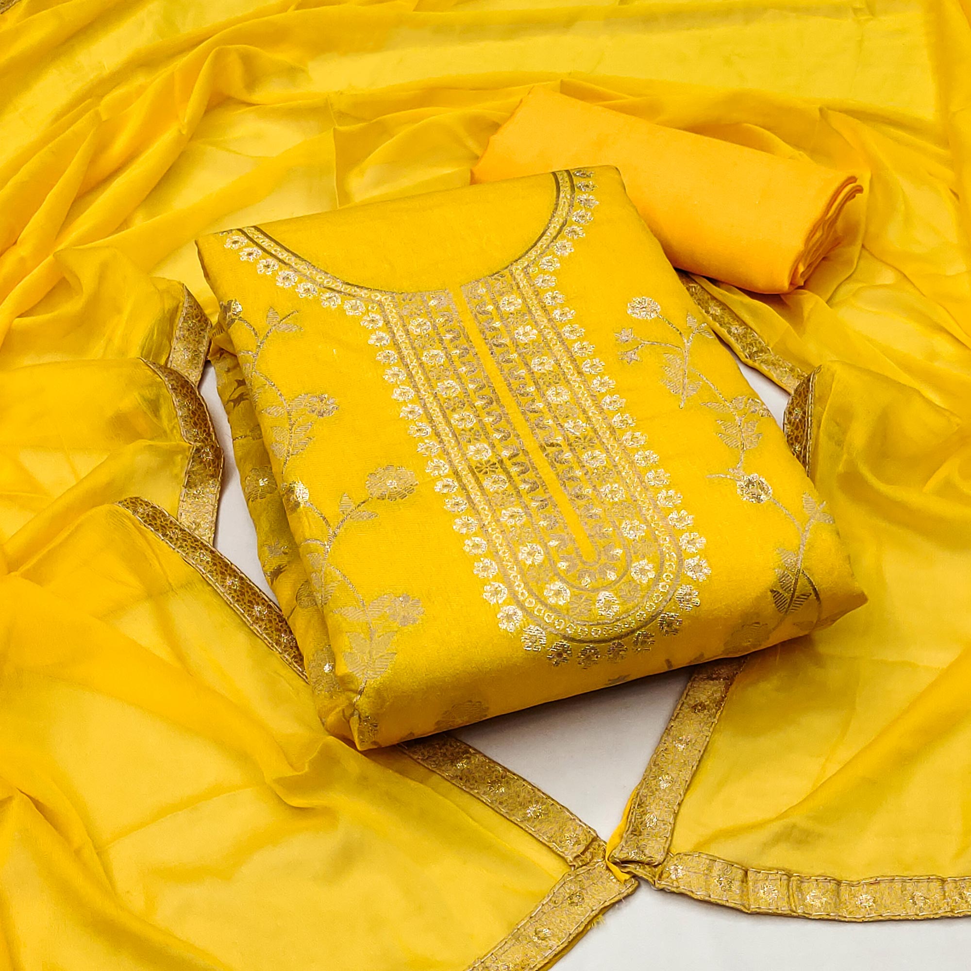 Yellow Floral Woven Jacquard Dress Material