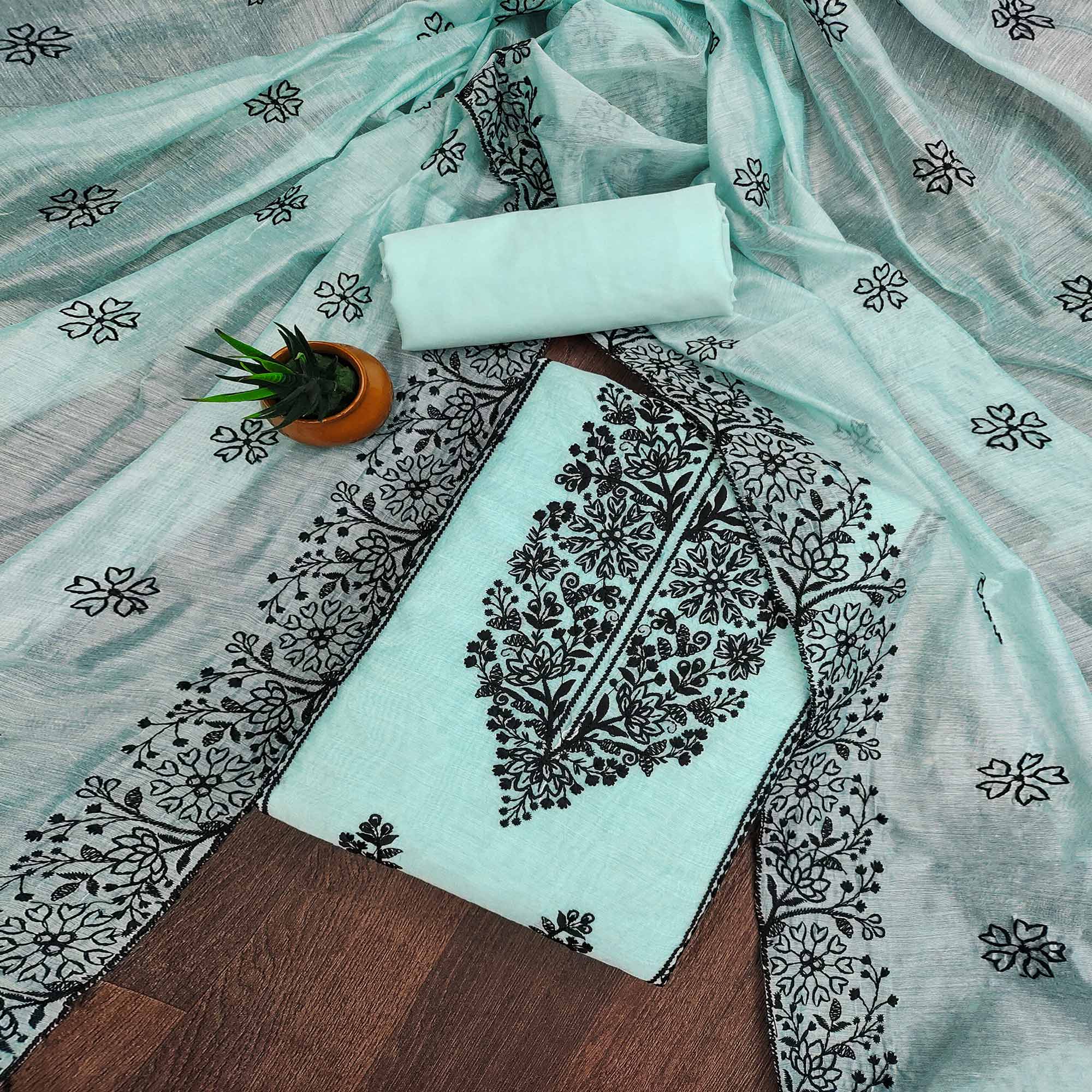 Blue Floral Embroidered Chanderi Dress Material