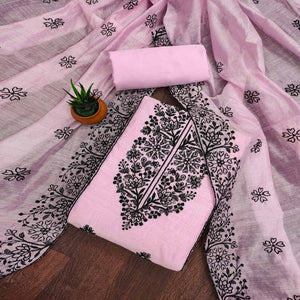 Pink Floral Embroidered Chanderi Dress Material