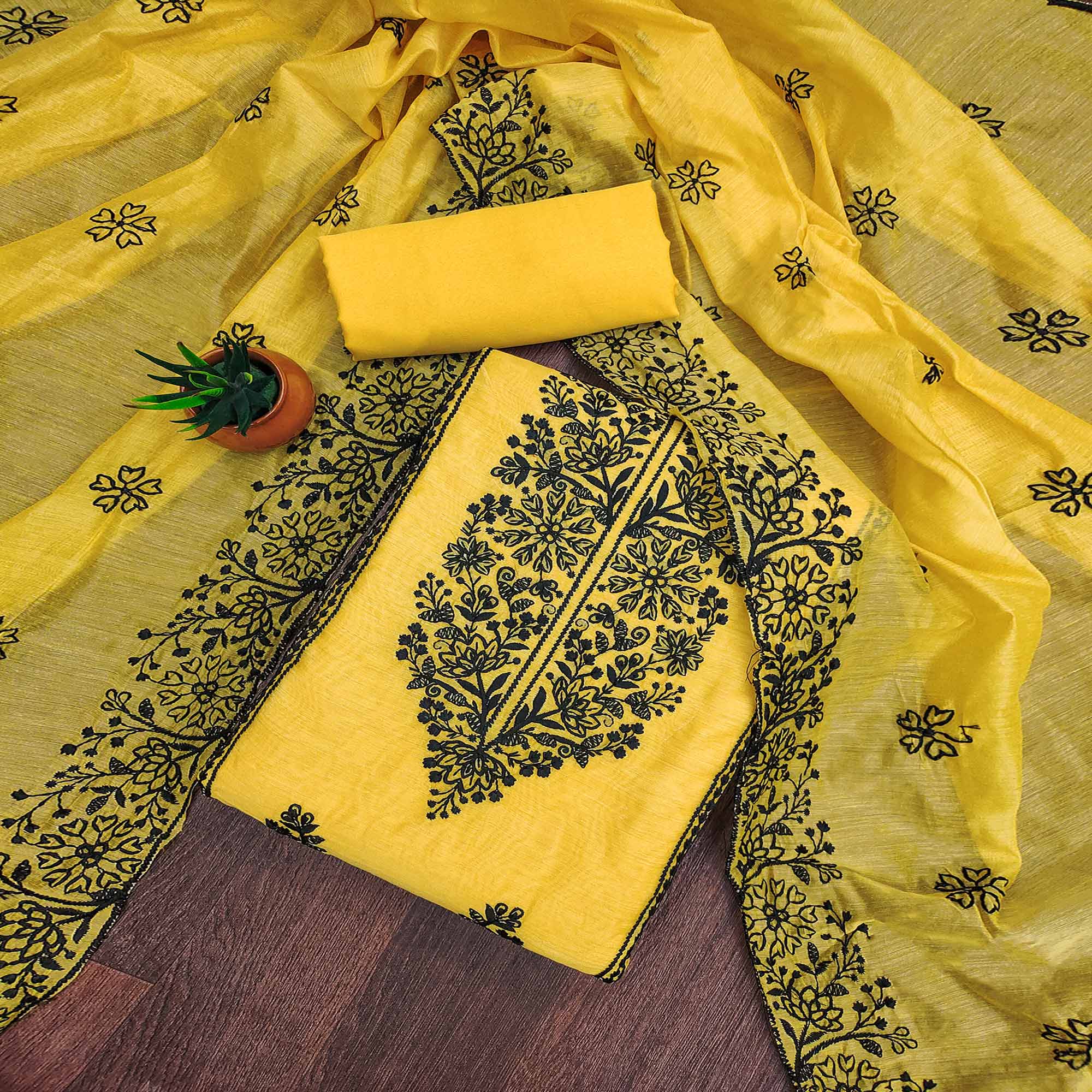 Yellow Floral Embroidered Chanderi Dress Material