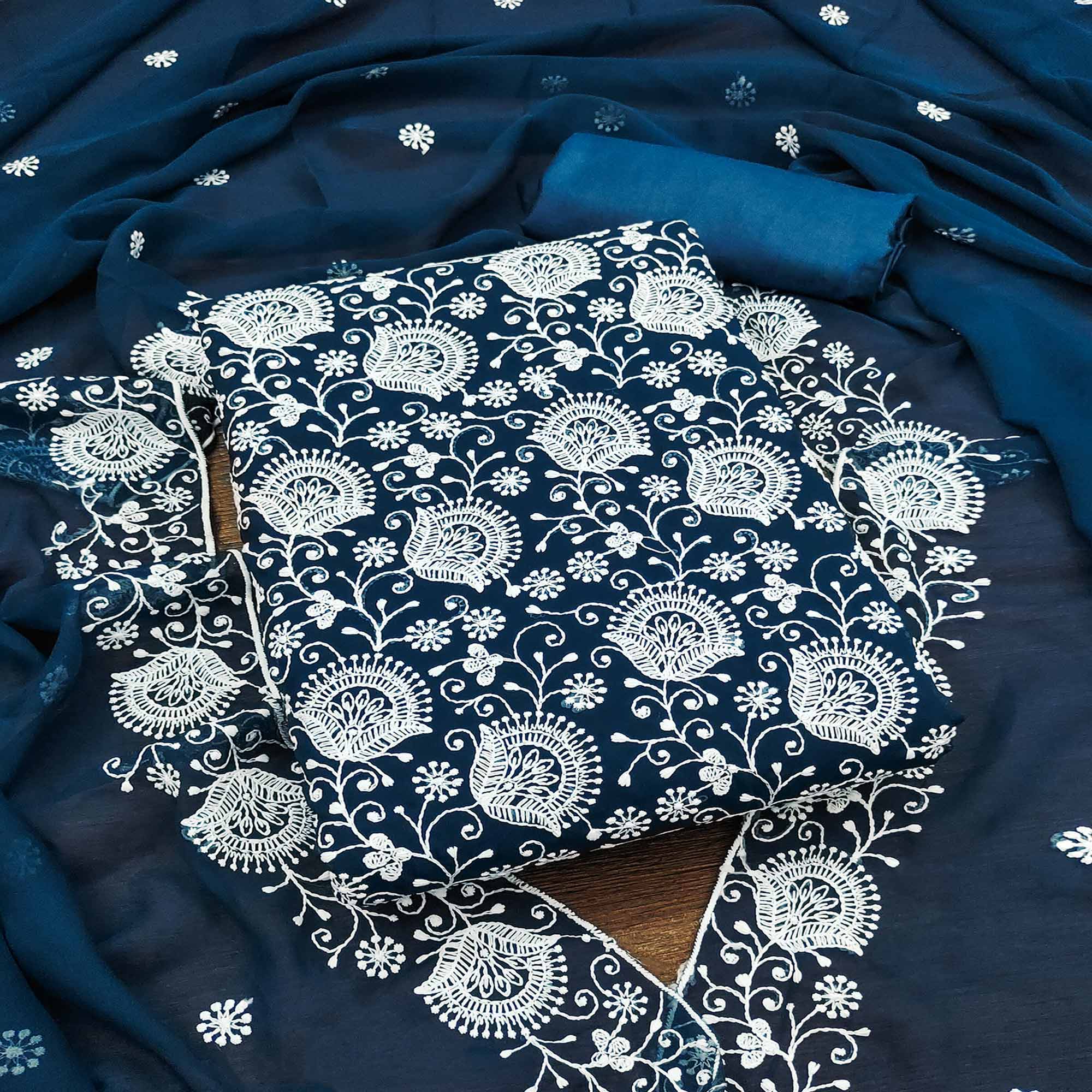 Blue Floral Embroidered Georgette Dress Material