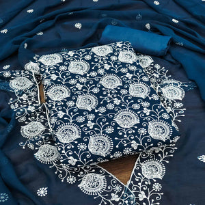 Blue Floral Embroidered Georgette Dress Material