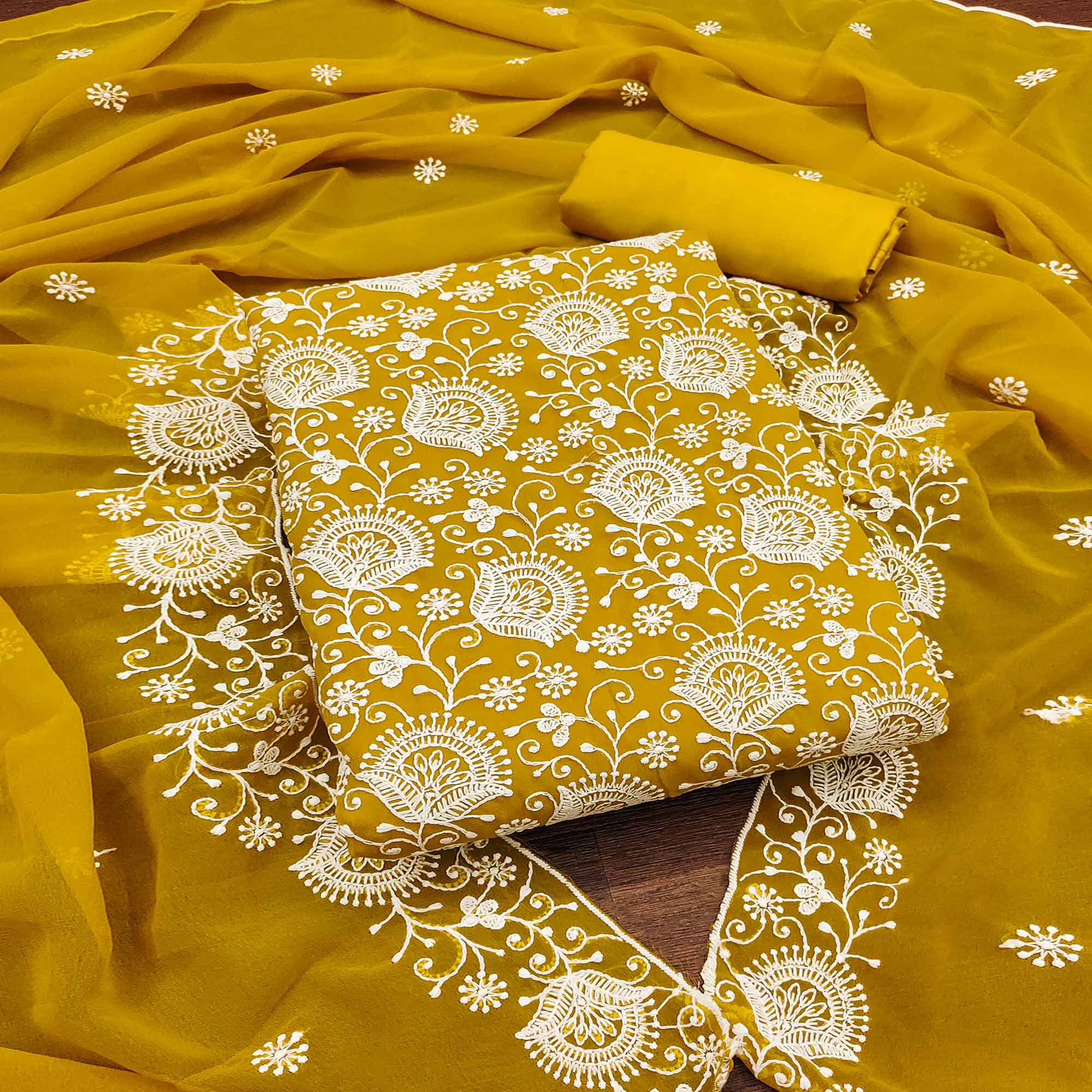 Mustard Floral Embroidered Georgette Dress Material