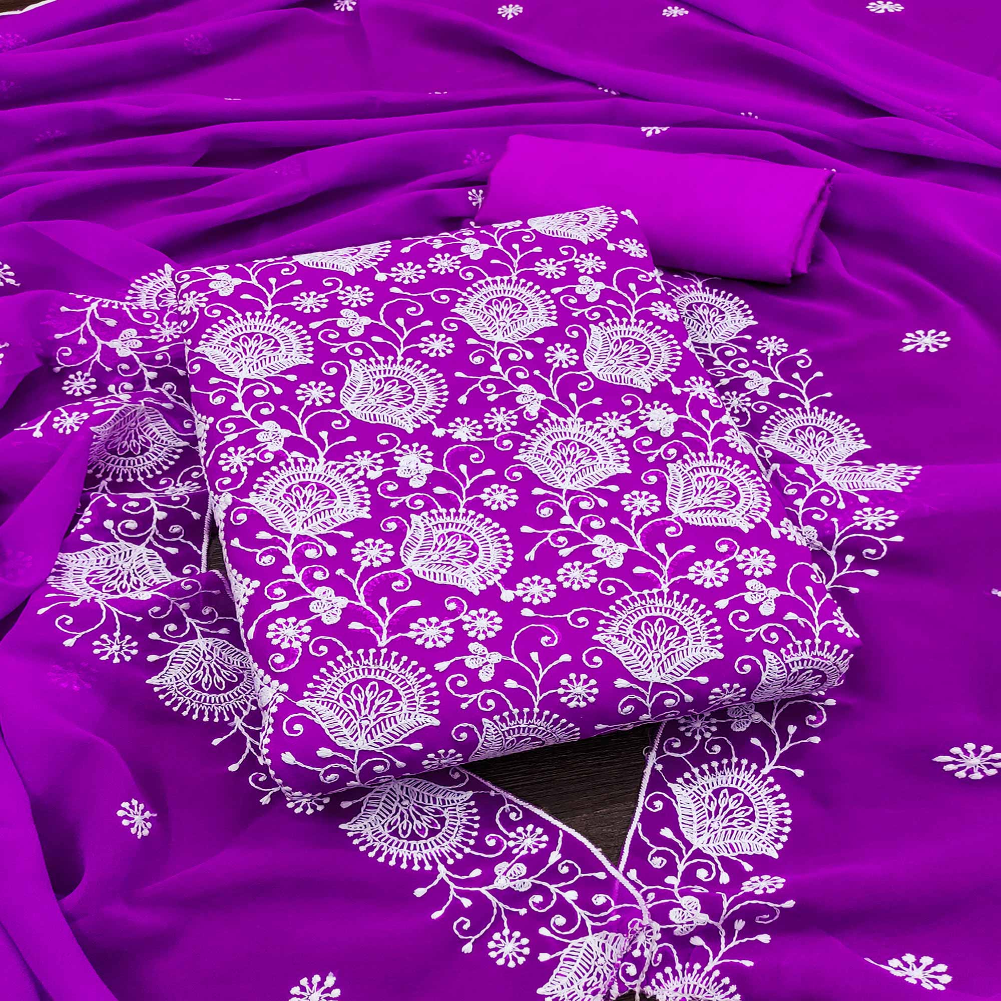 Purple Floral Embroidered Georgette Dress Material