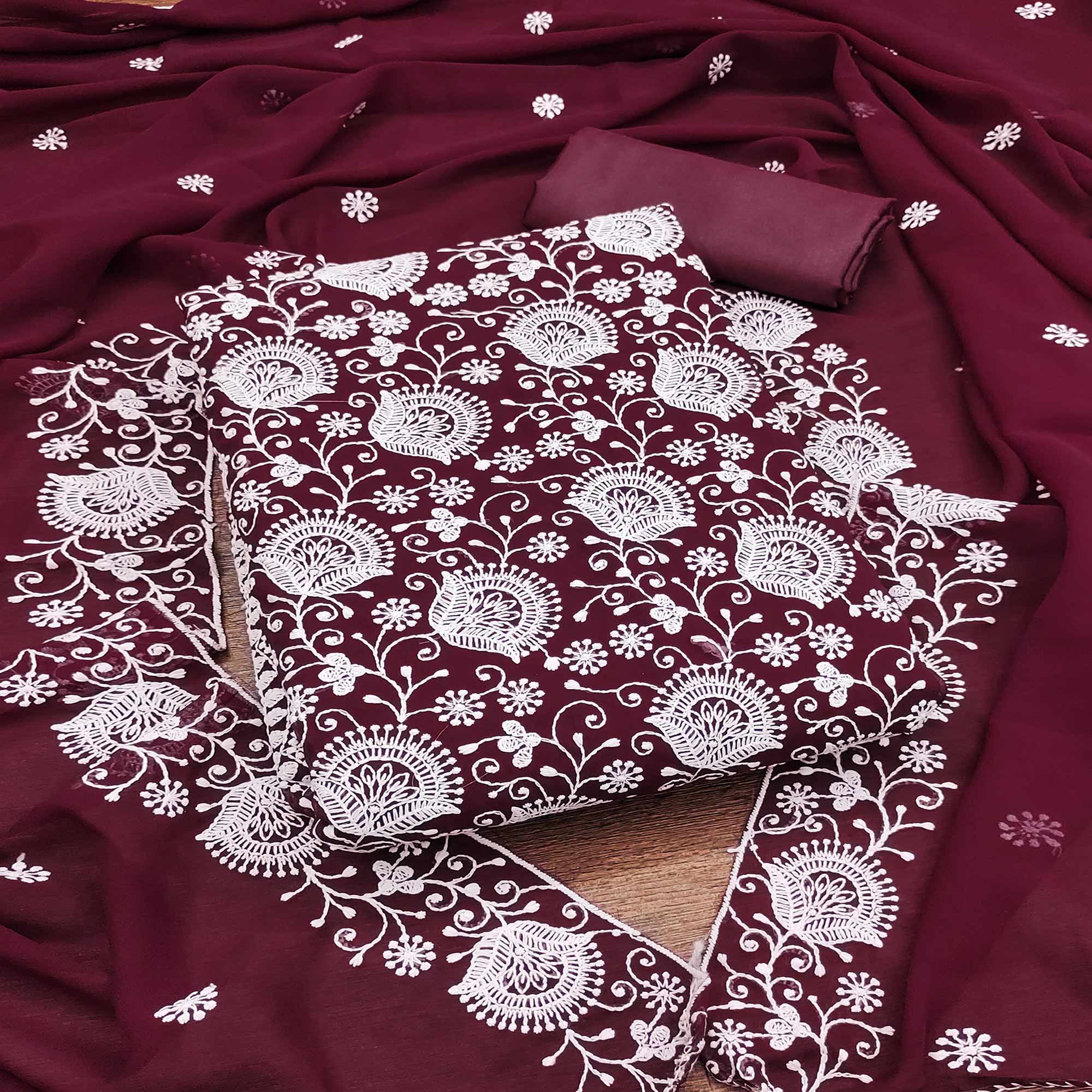 Wine Floral Embroidered Georgette Dress Material