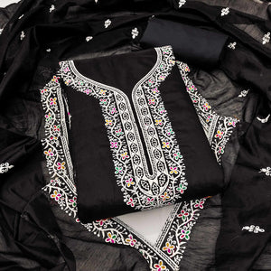 Black Chanderi Silk Dress Material Beautified with Intricate Floral Thread Embroidery