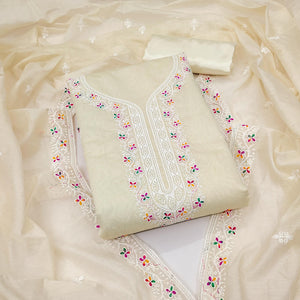Cream Chanderi Silk Dress Material Beautified with Intricate Floral Thread Embroidery
