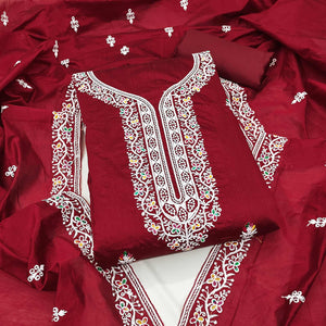 Maroon Chanderi Silk Dress Material Beautified with Intricate Floral Thread Embroidery