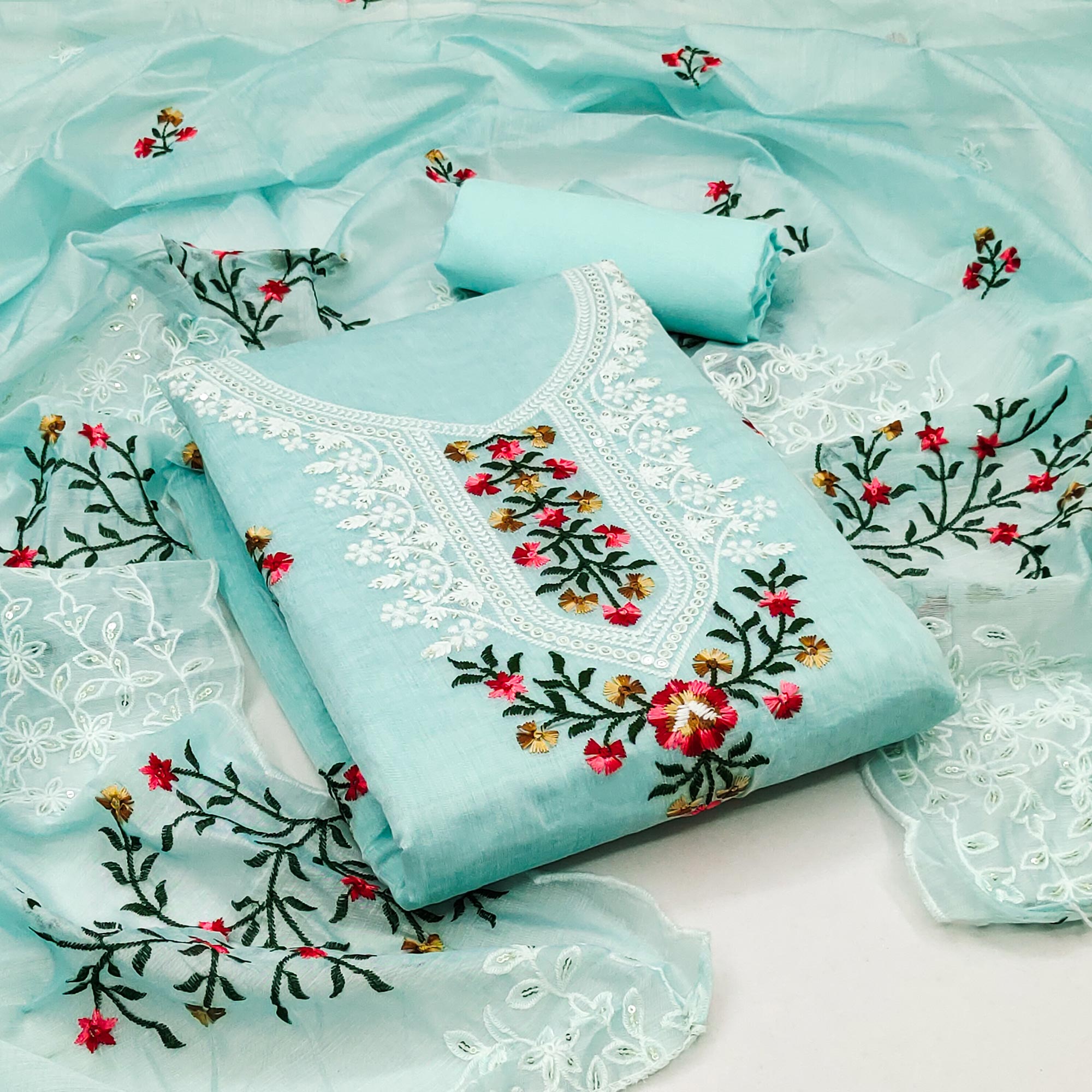 Blue Floral Sequins Embroidered Chanderi Dress Material