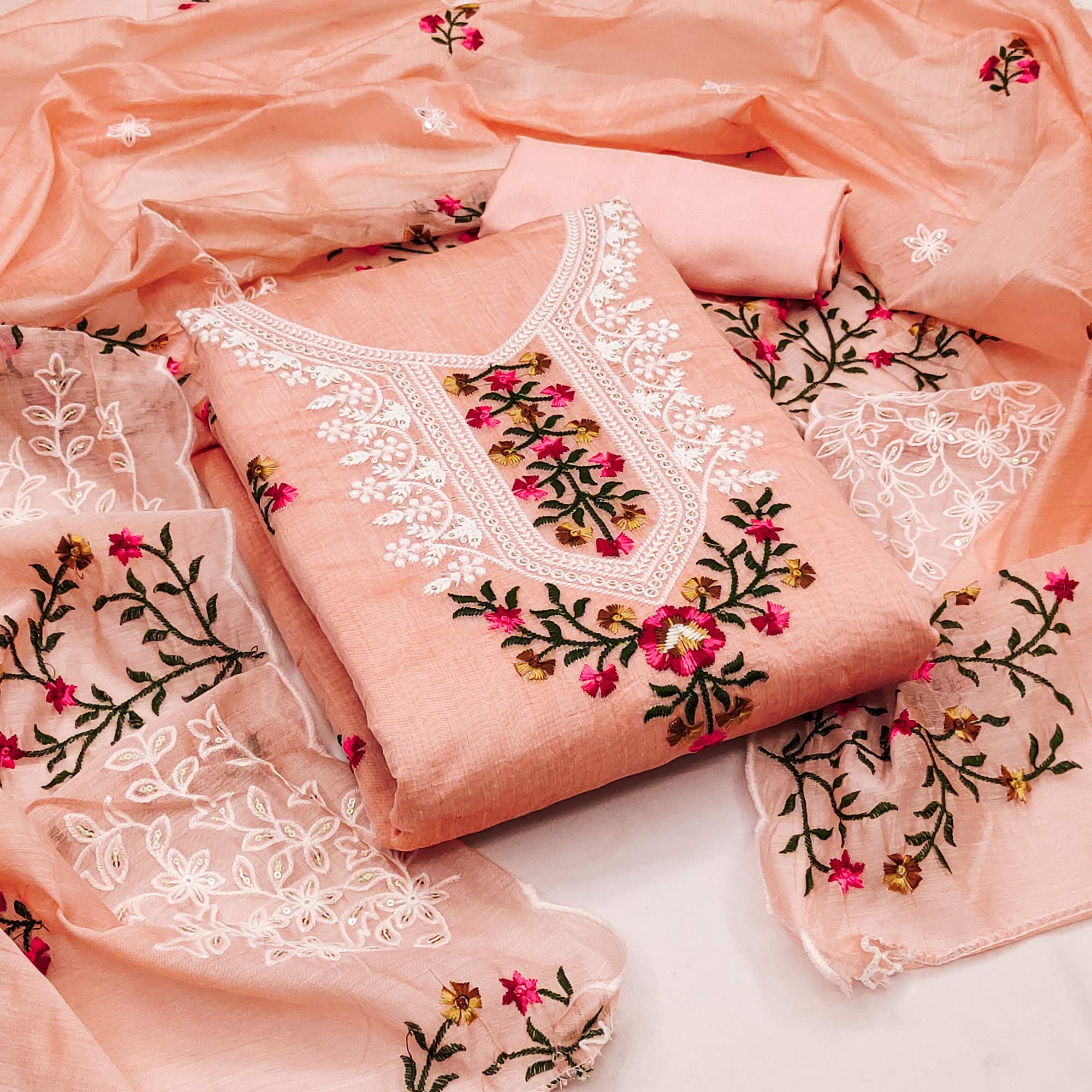 4Peach Floral Sequins Embroidered Chanderi Dress Material