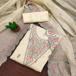 Cream Floral Embroidered Chanderi Dress Material