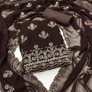 Brown Floral Sequins Embroidered Georgette Dress Material