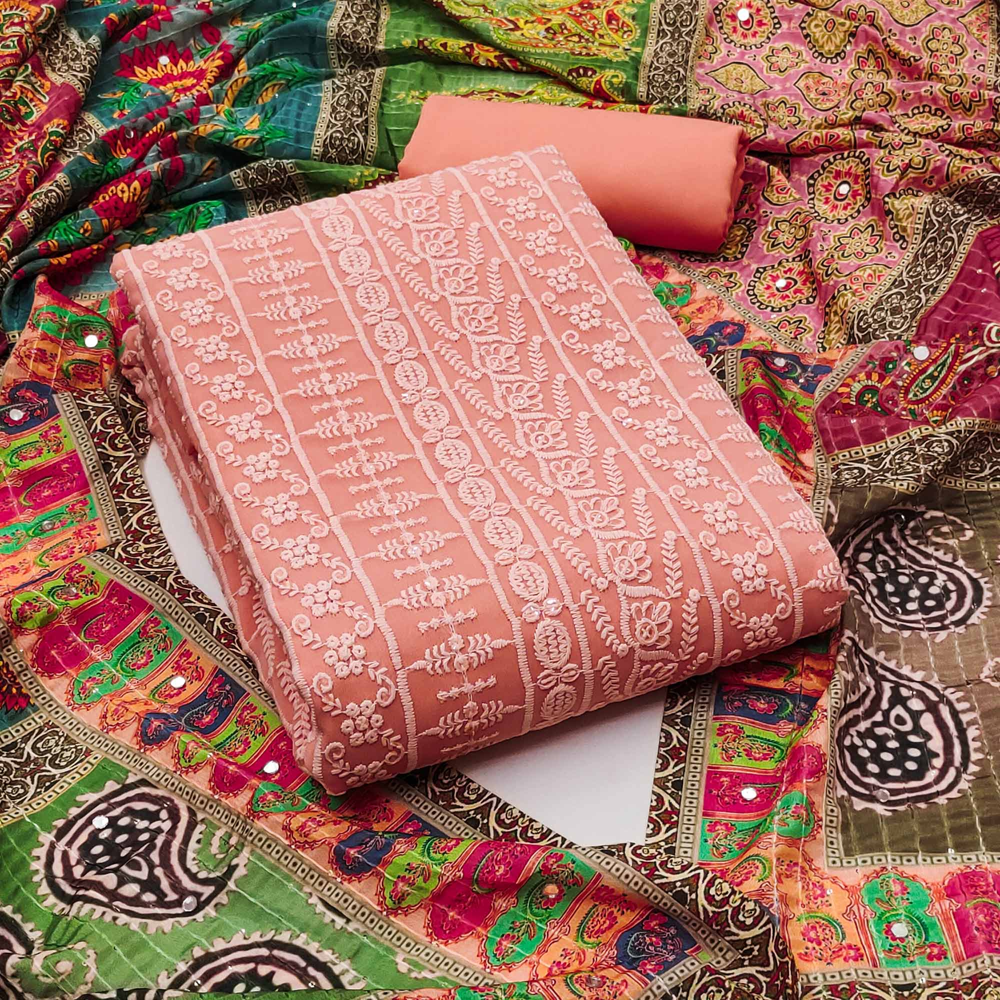 Peach Floral Chikankari Work Georgette Dress Material