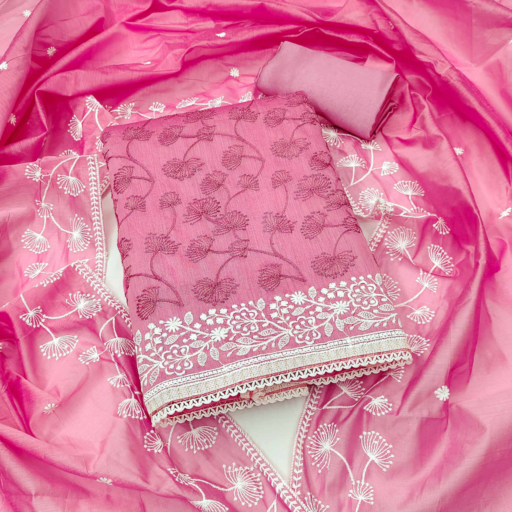 Chanderi Silk Dress Material With Dupatta In Floral Block Print