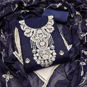 Navy Blue Floral Embroidered Chanderi Dress Material