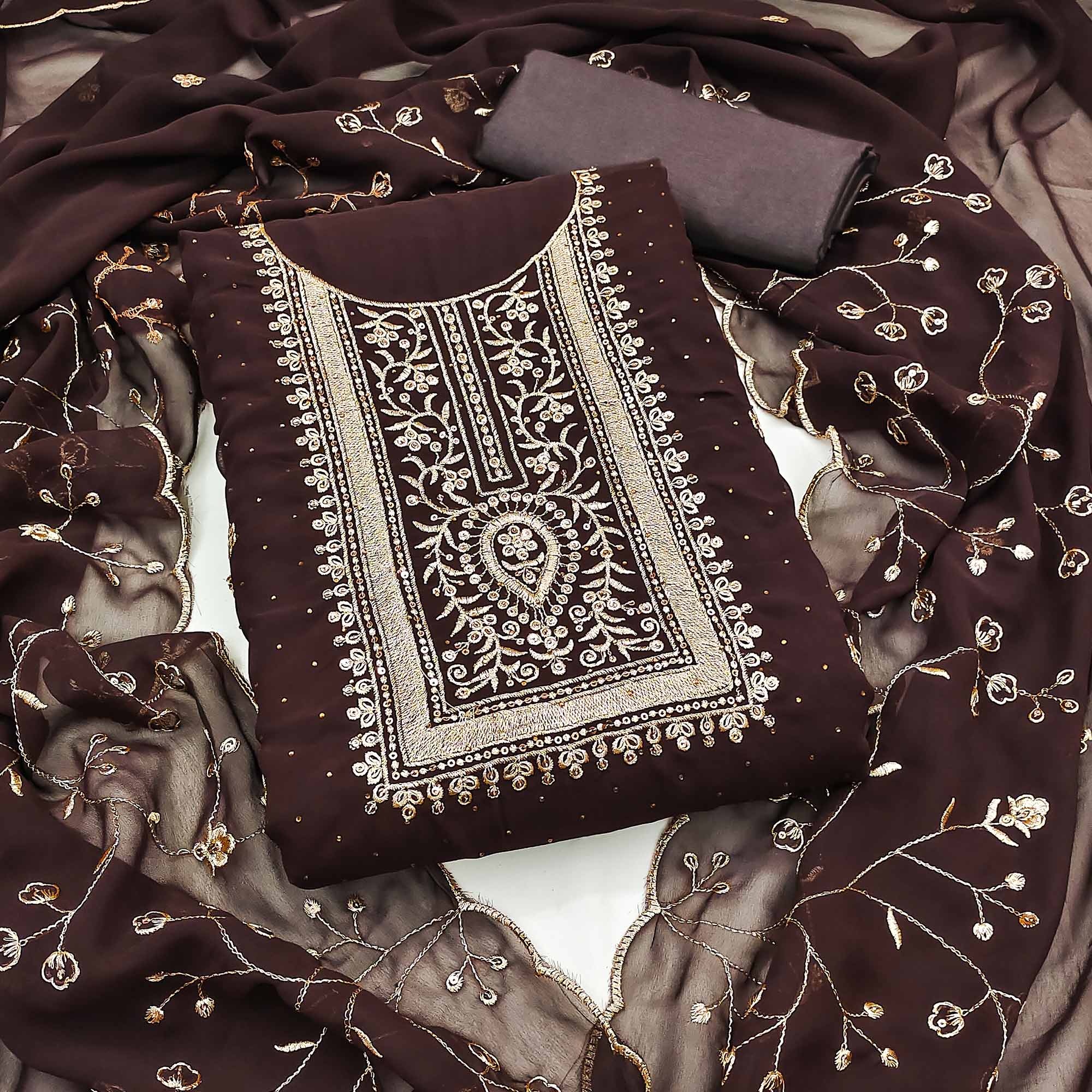 Brown Floral Embroidery With Stonework Georgette Dress Material