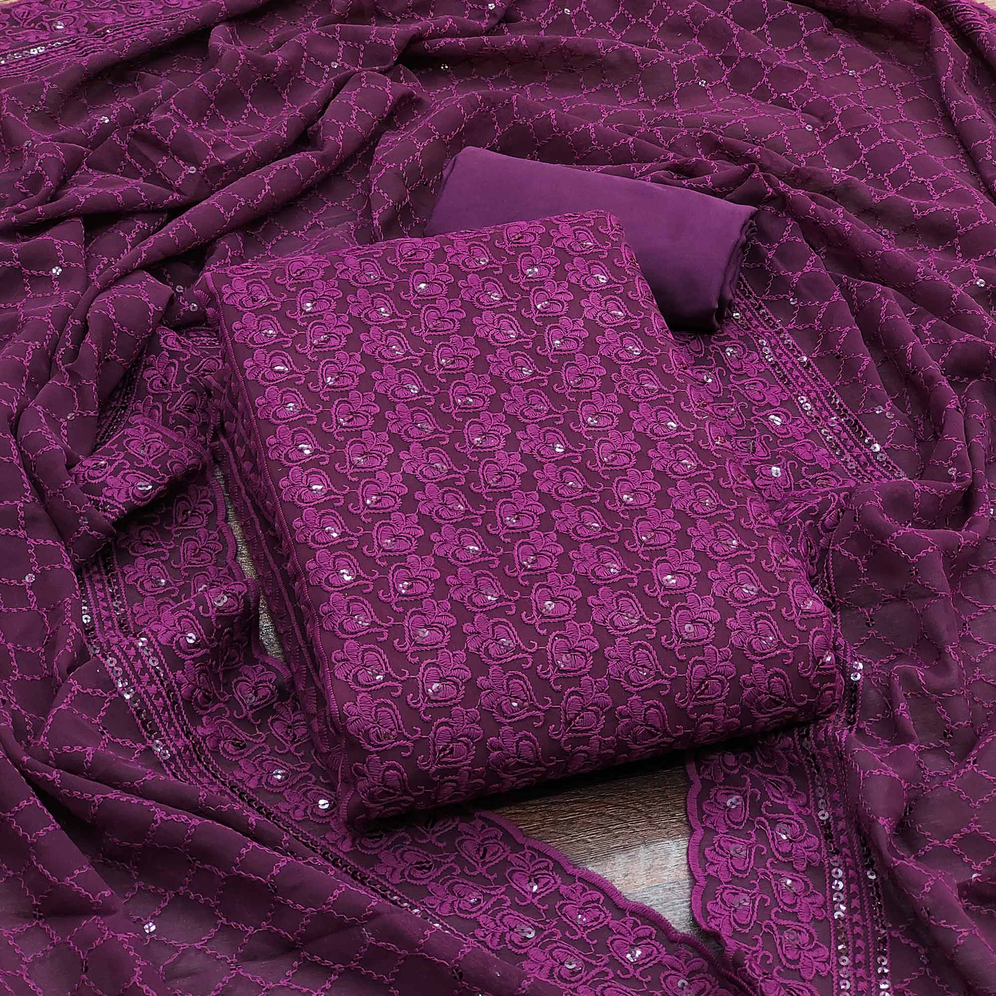 Wine Sequins Embroidered Georgette Dress Material