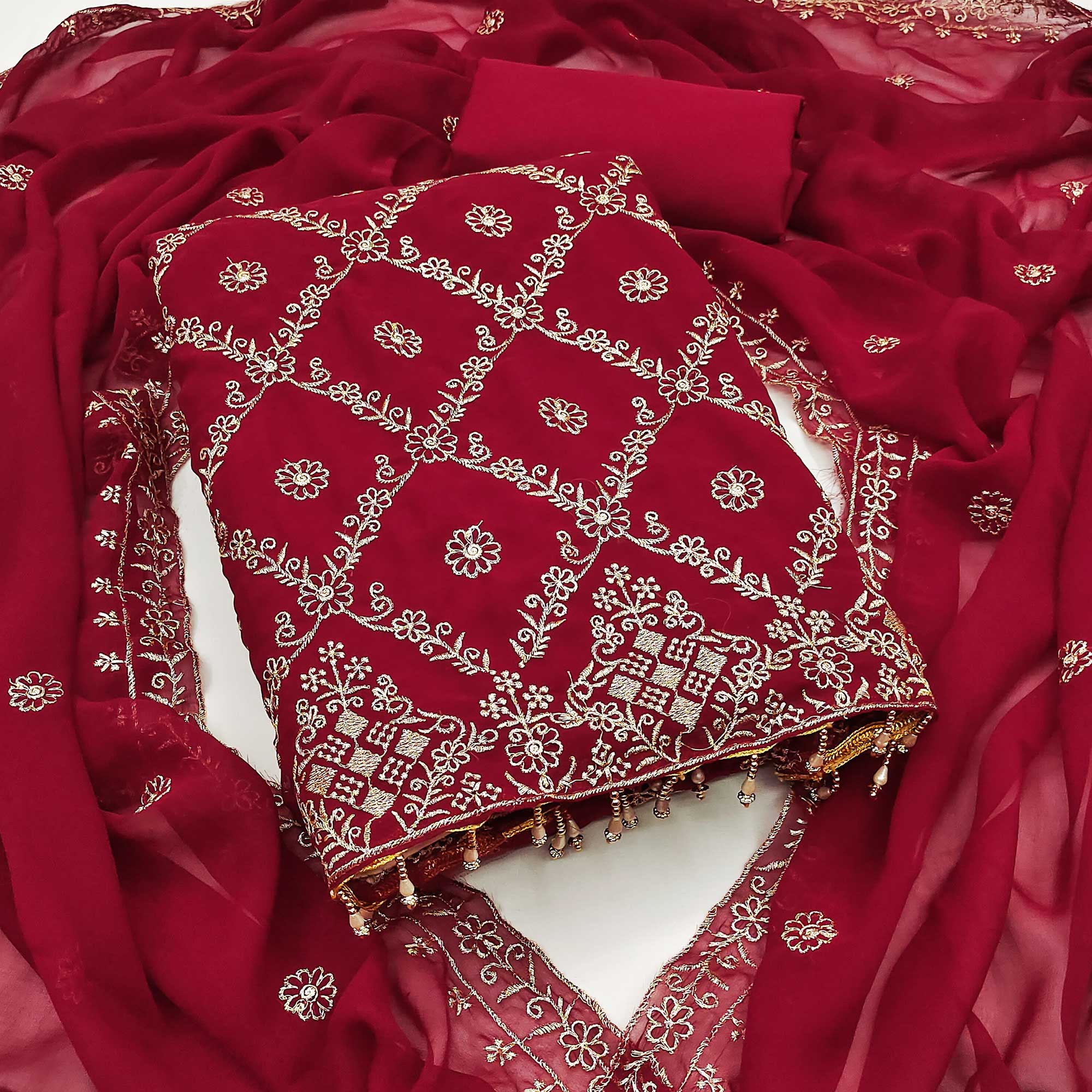 Drape Yourself In Luxury Maroon Floral Embroidered Georgette Dress Material