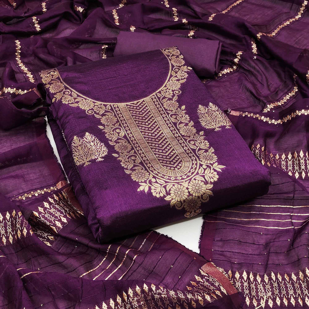 Purple - Zari Buti Jacquard Cotton 3pc Unstitched Dress Material 55