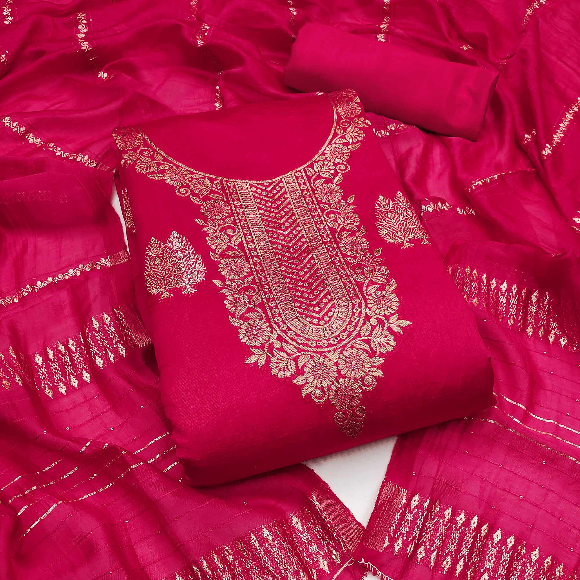 Redefine Elegance with this Rani Pink Floral Woven Banarasi Jacquard Dress Material