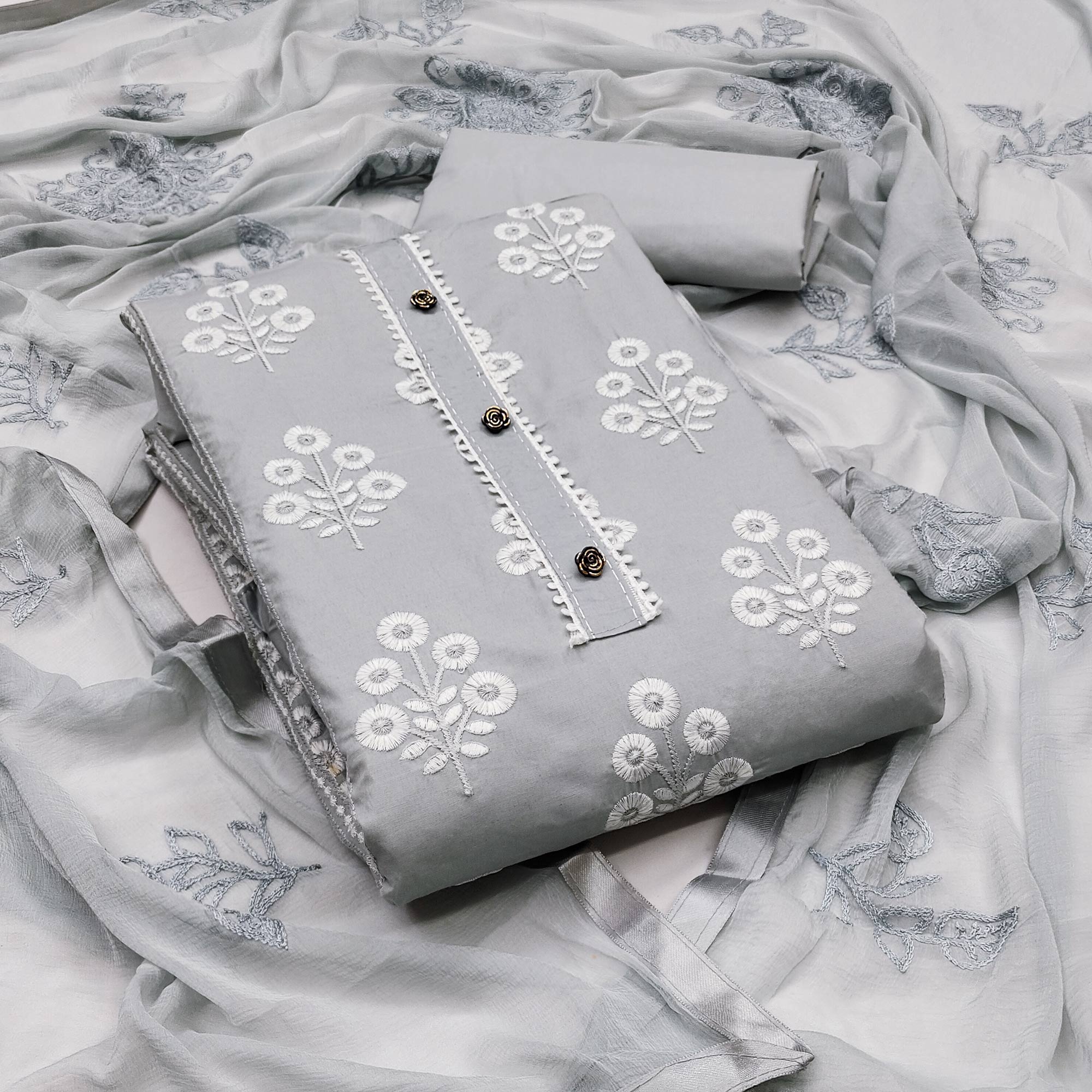 Unleash Your Style with this Grey Floral Thread Embroidered Cotton Blend Dress Material