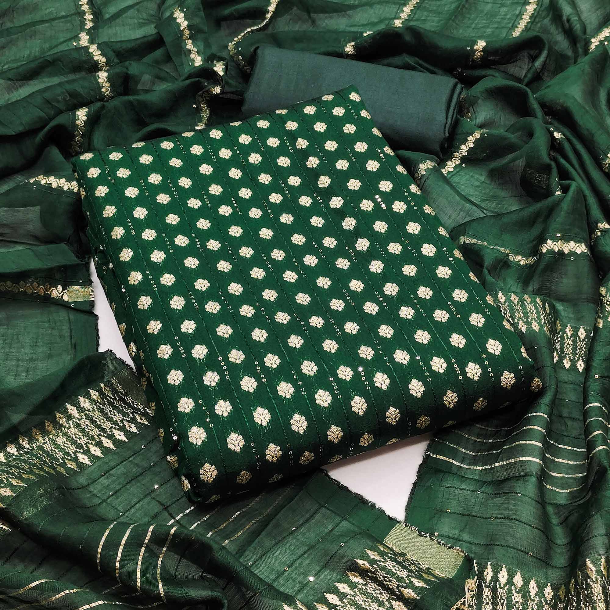 Experience Sheer Luxury Green Floral Woven With Sequins Embroidered Banarasi Jacquard Dress Material
