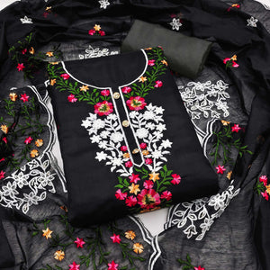 The Perfect Blend of Grace Black Floral Sequins Embroidered Chanderi Dress Material