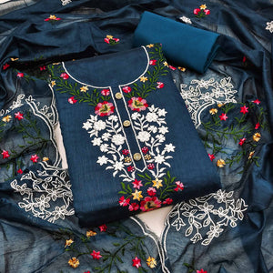 A Timeless Beauty Blue Floral Sequins Embroidered Chanderi Dress Material