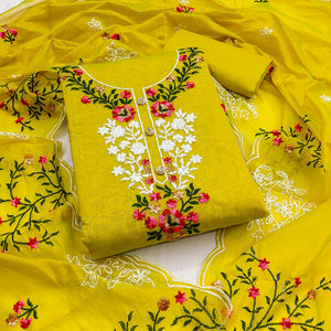 An Ethereal Charm Lemon Yellow Floral Sequins Embroidered Chanderi Dress Material