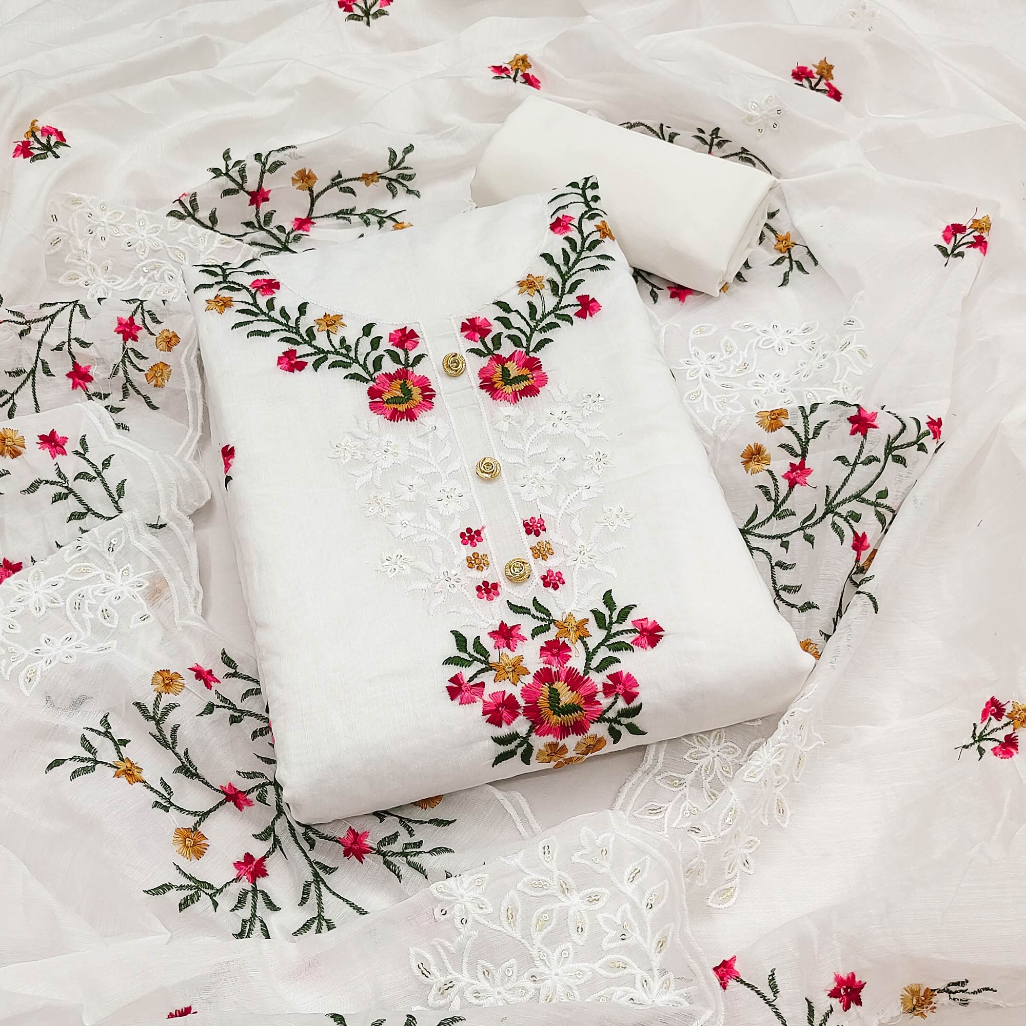 The Perfect Blend of Grace White Floral Sequins Embroidered Chanderi Dress Material